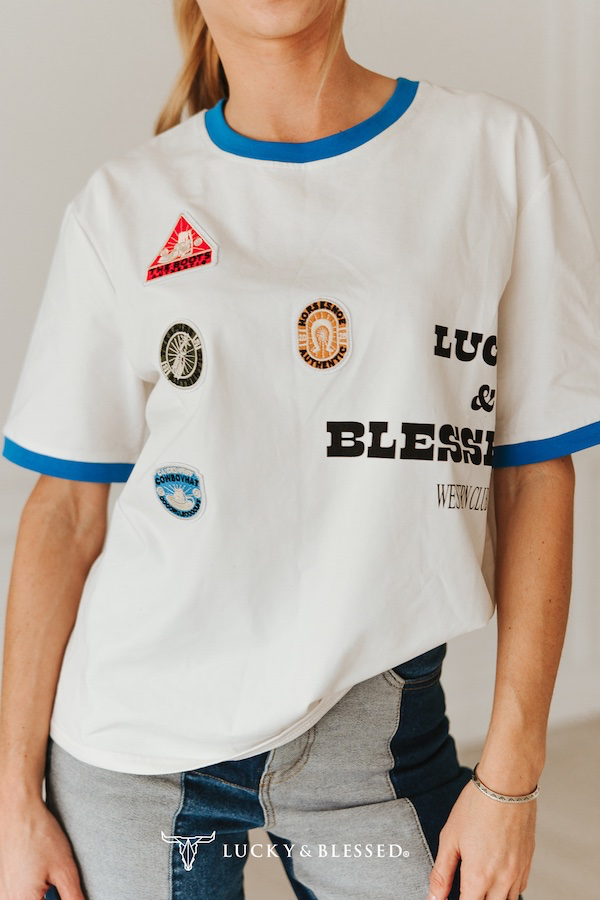 Lucky & Blessed WHITE OVERSIZE WESTERN PATCH T-SHIRT PLUS SIZE