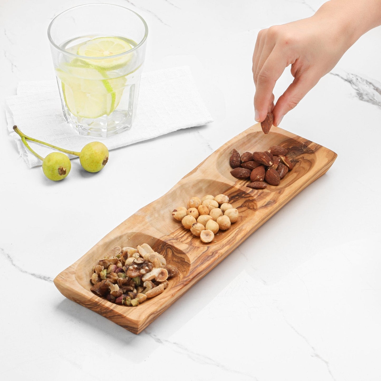 Handcrafted Olive Wood 3-Section Dish – Snack & Appetizer Tray