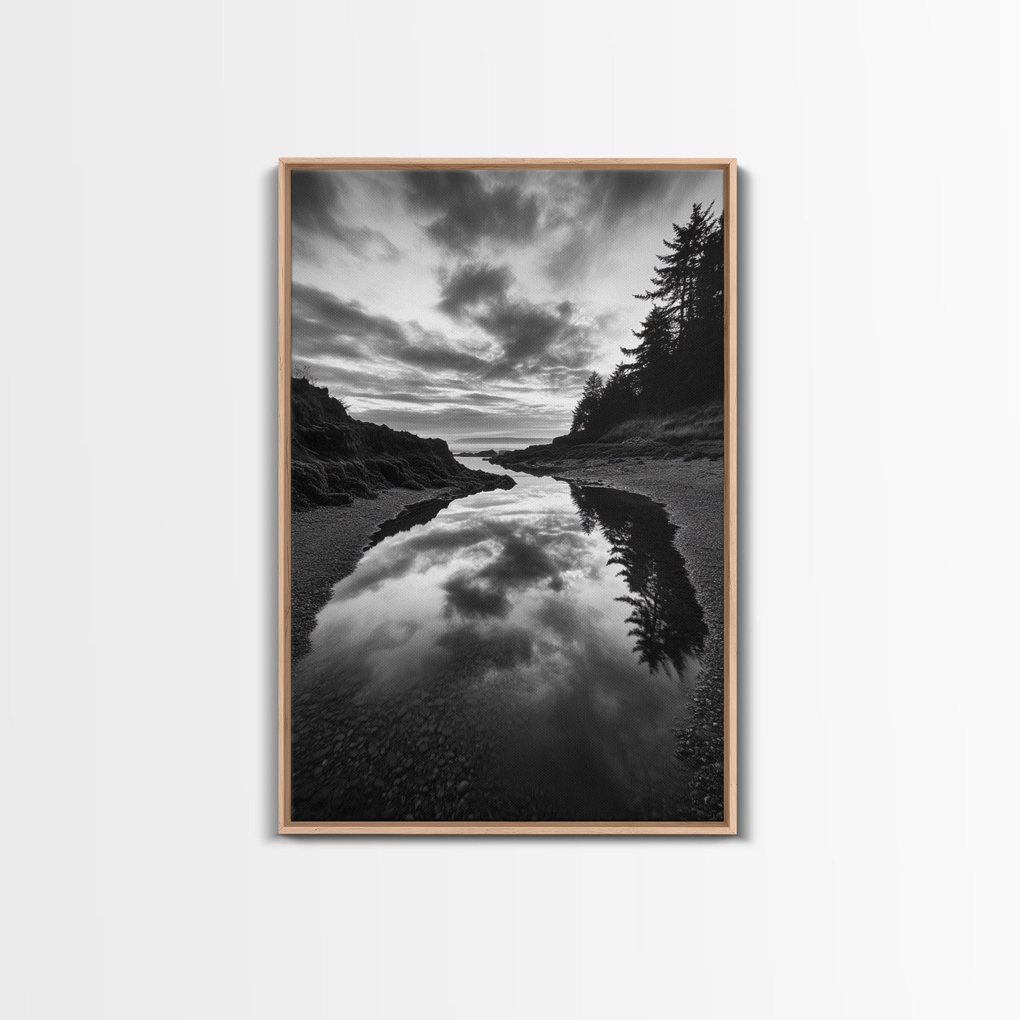 Reflective Tide Pool, Dramatic Sky, Forest Silhouette, Black and White Seascape, Framed Canvas Print, Living Room Wall Art, Nature Boho Style