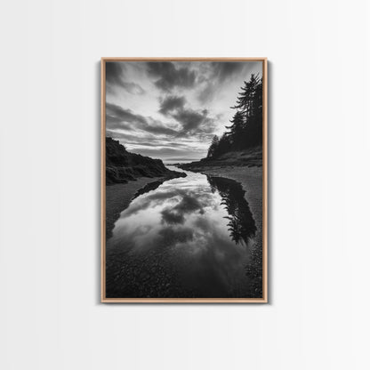 Reflective Tide Pool, Dramatic Sky, Forest Silhouette, Black and White Seascape, Framed Canvas Print, Living Room Wall Art, Nature Boho Style