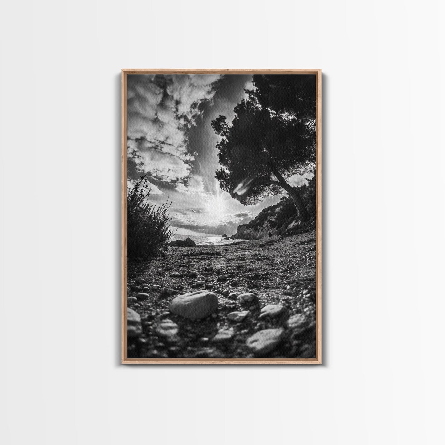 Sunset Beach View, Wide Angle Perspective, Nature Shoreline, Monochrome Landscape, Framed Canvas Print, Hallway Wall Art, Beach Decor