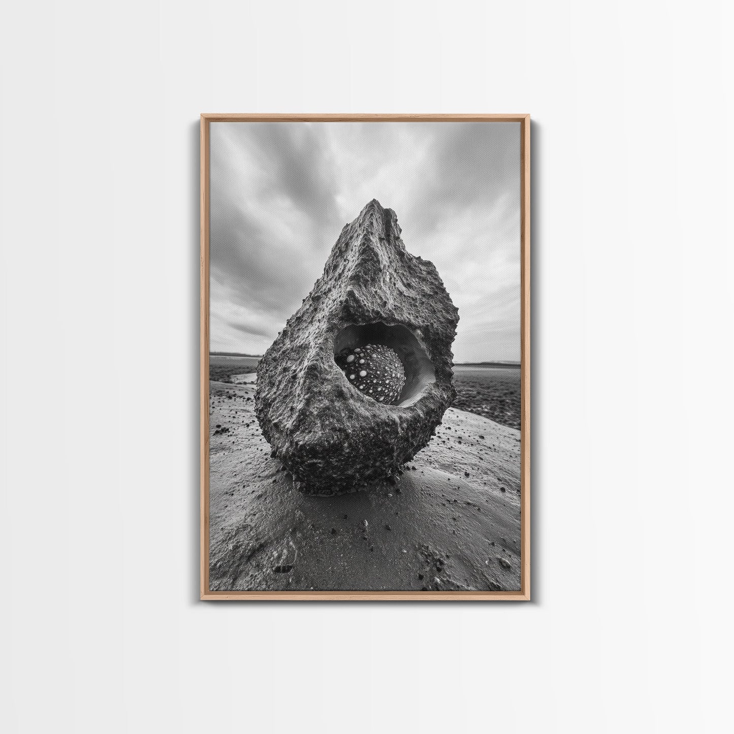 Sea Orb Rock, Coastal Texture, Ocean Shell Art, Framed Canvas Print, Beach House Wall Decor, Abstract Nature, Nautical Art Piece