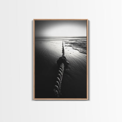 Ocean Rope Shore, Nautical Minimalism, Seaside Monochrome, Black and White Calm, Framed Canvas Print, Bedroom Wall Art, Coastal Decor