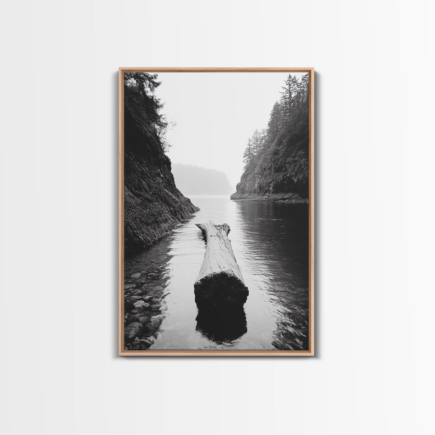 Driftwood Log, River Pass, Nature Silence, Misty Gorge, Framed Canvas Print, Office Wall Art, Modern Nature Decor, Moody Forest Style