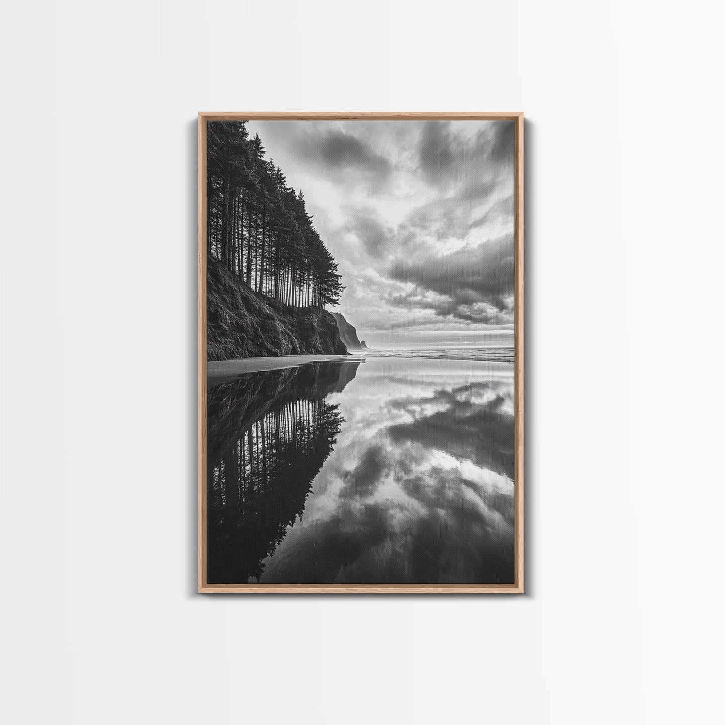 Ocean Cliff Reflection, Dramatic Coastline Art, Cloudy Sky Canvas, Framed Canvas Print, Living Room Wall Art, Moody Landscape Photography