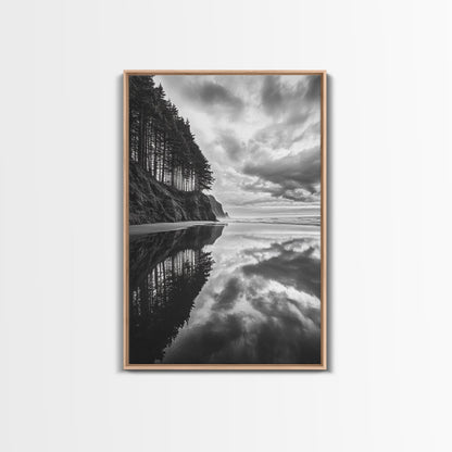Ocean Cliff Reflection, Dramatic Coastline Art, Cloudy Sky Canvas, Framed Canvas Print, Living Room Wall Art, Moody Landscape Photography