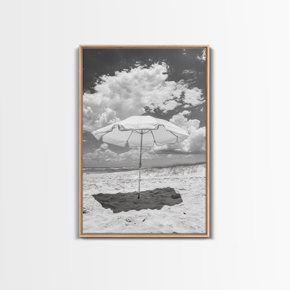 Beach Umbrella, Sunny Escape, Coastal Cloudscape, Framed Canvas Print, Summer Vibe Wall Art, Outdoor Living Decor, Travel Mood