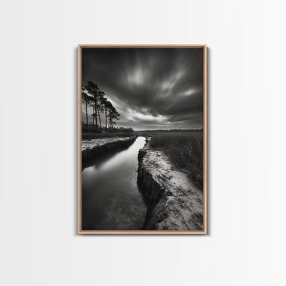 Misty Marsh Path, Moody Landscape, Nature Wall Decor, Living Room Art, Canvas Print, Black and White Photography, Autumn Wall Art