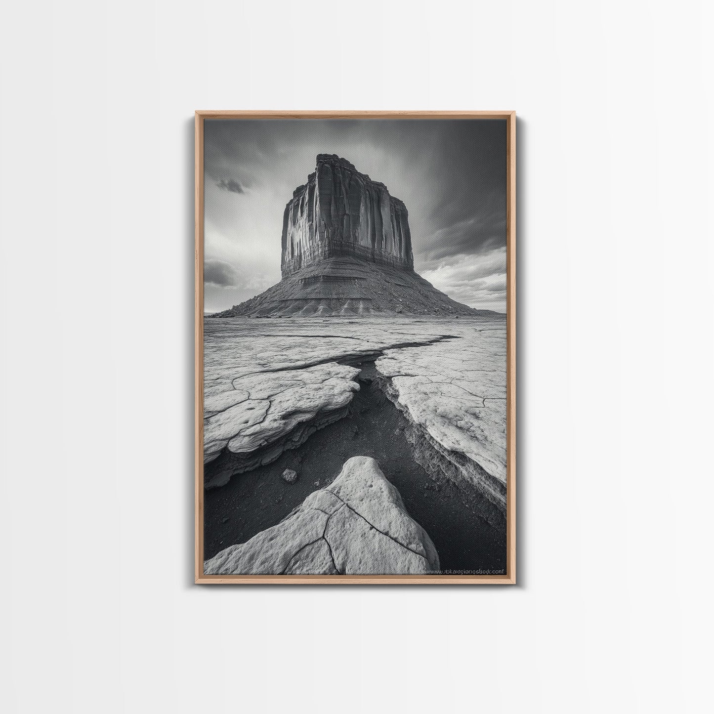 Monument Valley Cliff, Desert Rockscape, Framed Canvas Print, Western Wall Art, Office Decor, Black and White Photography