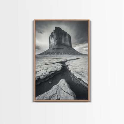 Monument Valley Cliff, Desert Rockscape, Framed Canvas Print, Western Wall Art, Office Decor, Black and White Photography