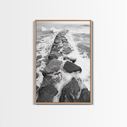 Rocky surf path, ocean jetty power, dramatic sea waves, black white beachscape, Canvas Print, bathroom wall art, nautical minimalist decor