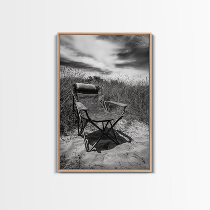 Deserted beach chair, quiet coast vibes, windswept scene, peaceful solitude, Canvas Print, hallway decor, rustic retreat outdoor artwork