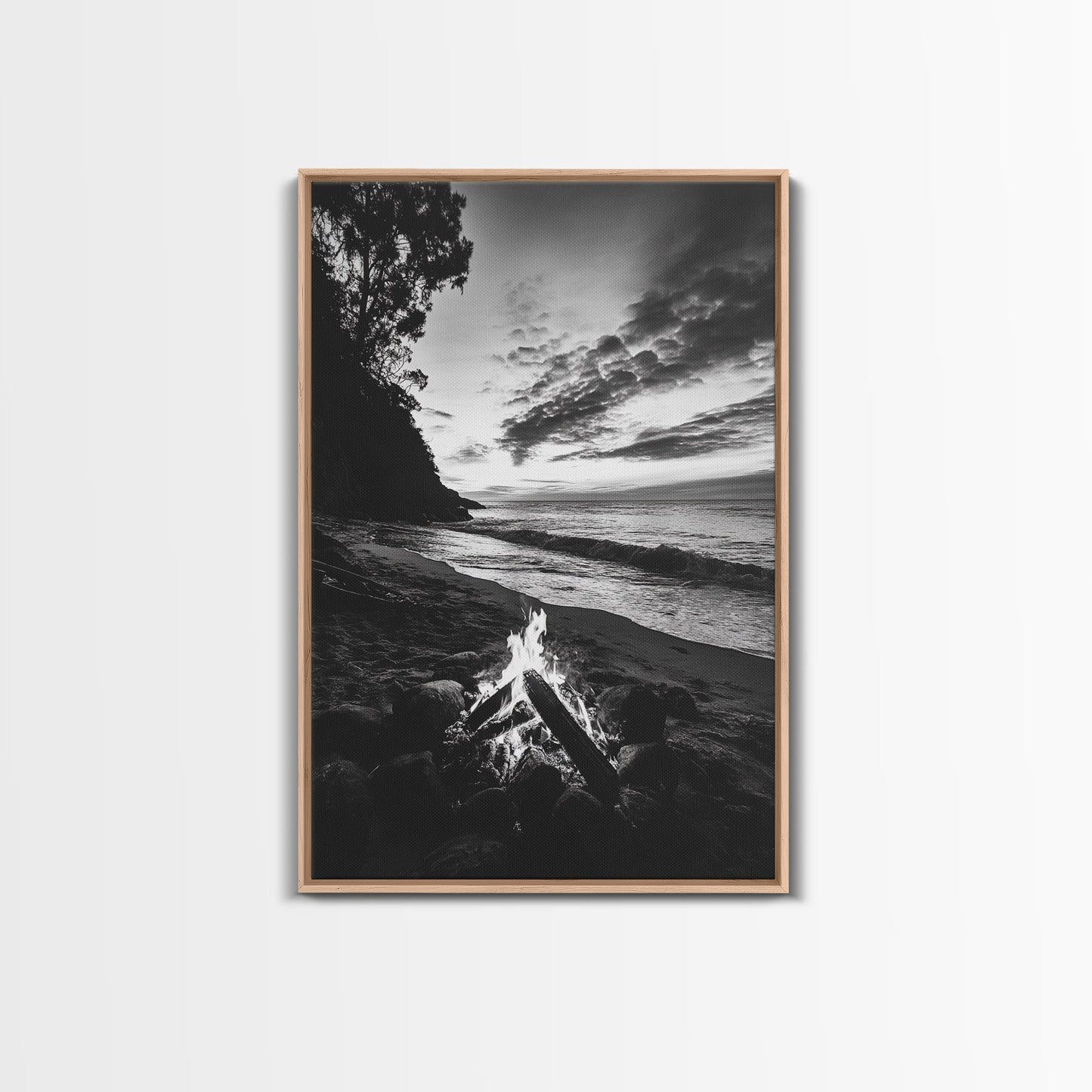 Shoreline fire night, beach flames, evening waves, rustic warmth, Canvas Print, Autumn decor, outdoor adventure minimalist wall art