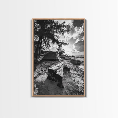 Tent, Beach, Sunset, Trees - Rustic camping coastal escape vibe, Framed Canvas Print, ideal bedroom or adventure nursery decor, outdoor art