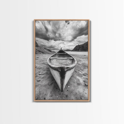 Canoe, Shoreline, Dramatic, Sky - canoe landscape Canvas Print, rustic wall art, entryway decor, nature photography, monochrome mountain