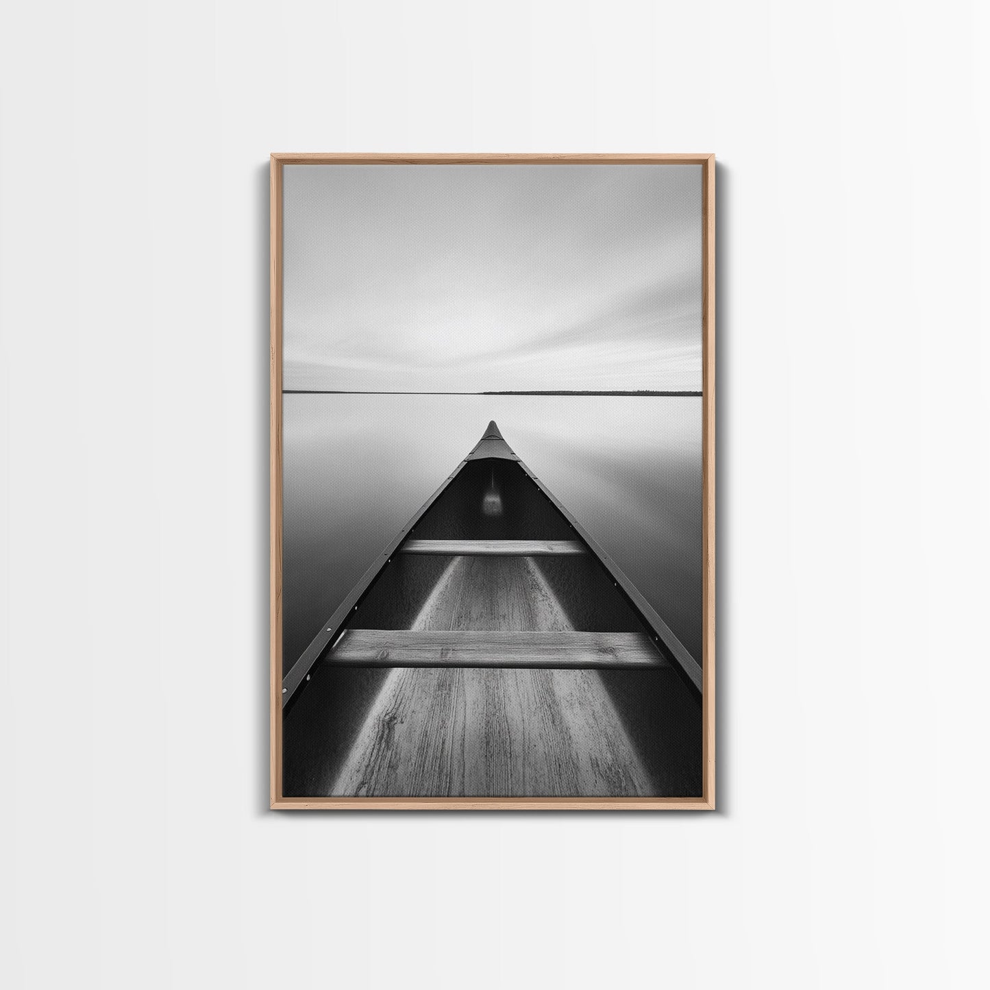 Canoe, Lake, Calm, Horizon - Minimalist lake paddle scene, Framed Canvas Print, peaceful home office art, Scandinavian decor, wilderness print