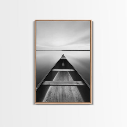 Canoe, Lake, Calm, Horizon - Minimalist lake paddle scene, Framed Canvas Print, peaceful home office art, Scandinavian decor, wilderness print