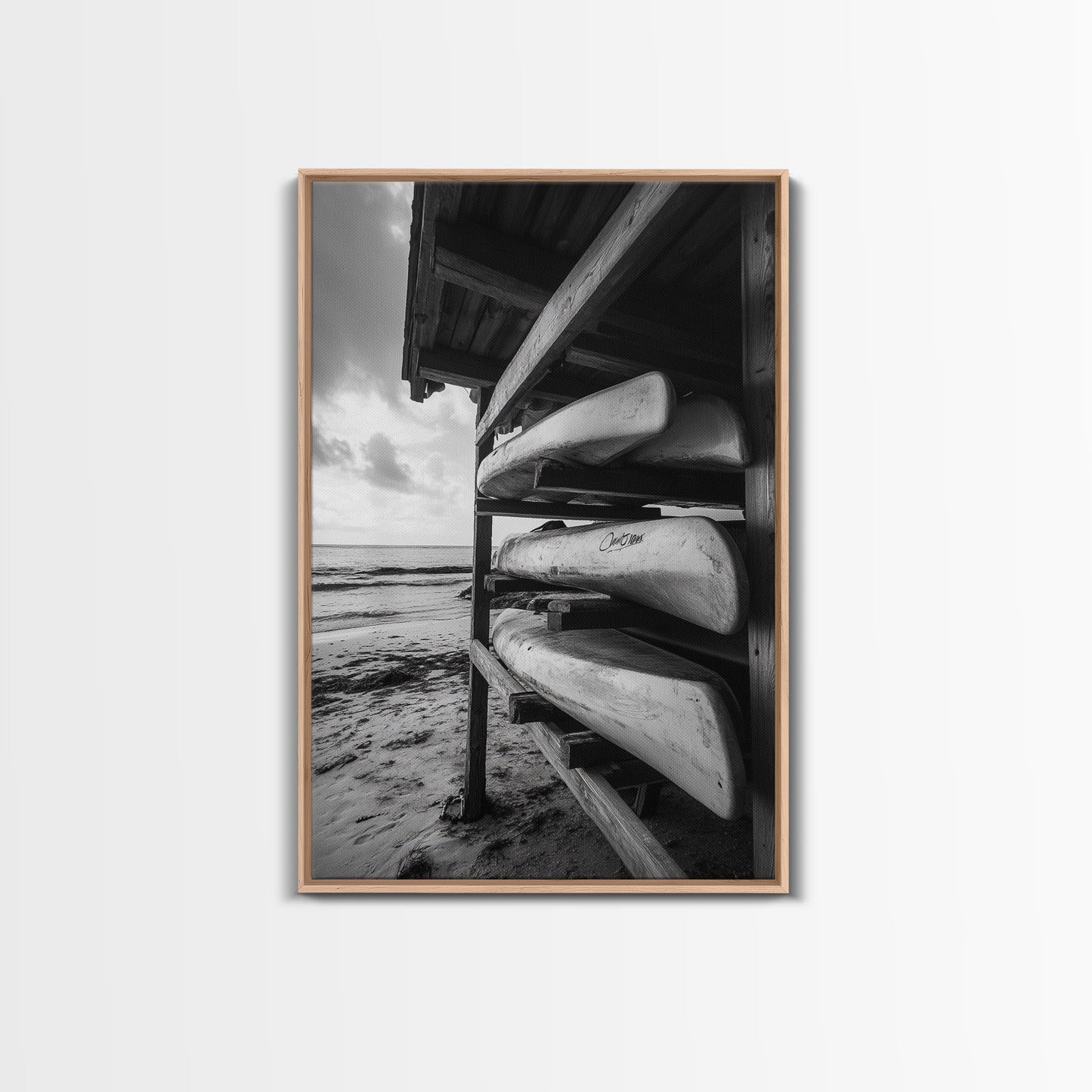 Canoes, Rack, Ocean, Shelter - Surf shack vibes with coastal canoe stack, Framed Canvas Print, great beach house or boho hallway art, grayscale