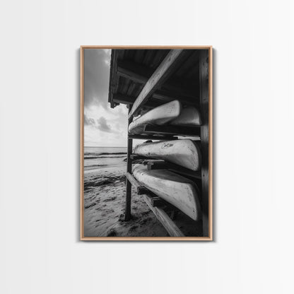 Canoes, Rack, Ocean, Shelter - Surf shack vibes with coastal canoe stack, Framed Canvas Print, great beach house or boho hallway art, grayscale