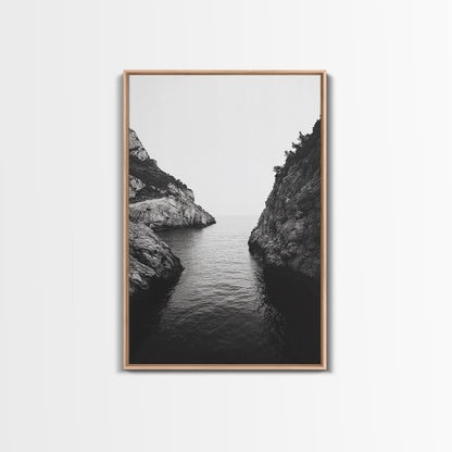 Cliffs, Ocean, Channel, Serenity - Dramatic rocky inlet view, Framed Canvas Print, ideal bathroom or hallway wall art, nature lover minimalist