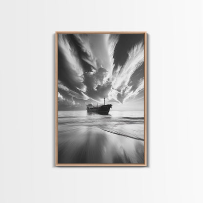 Stormy Sky Ship, Dramatic Seascape, Black White Photography, Ocean Nautical Decor, Framed Canvas Print, Coastal Wall Art, Moody Minimalist