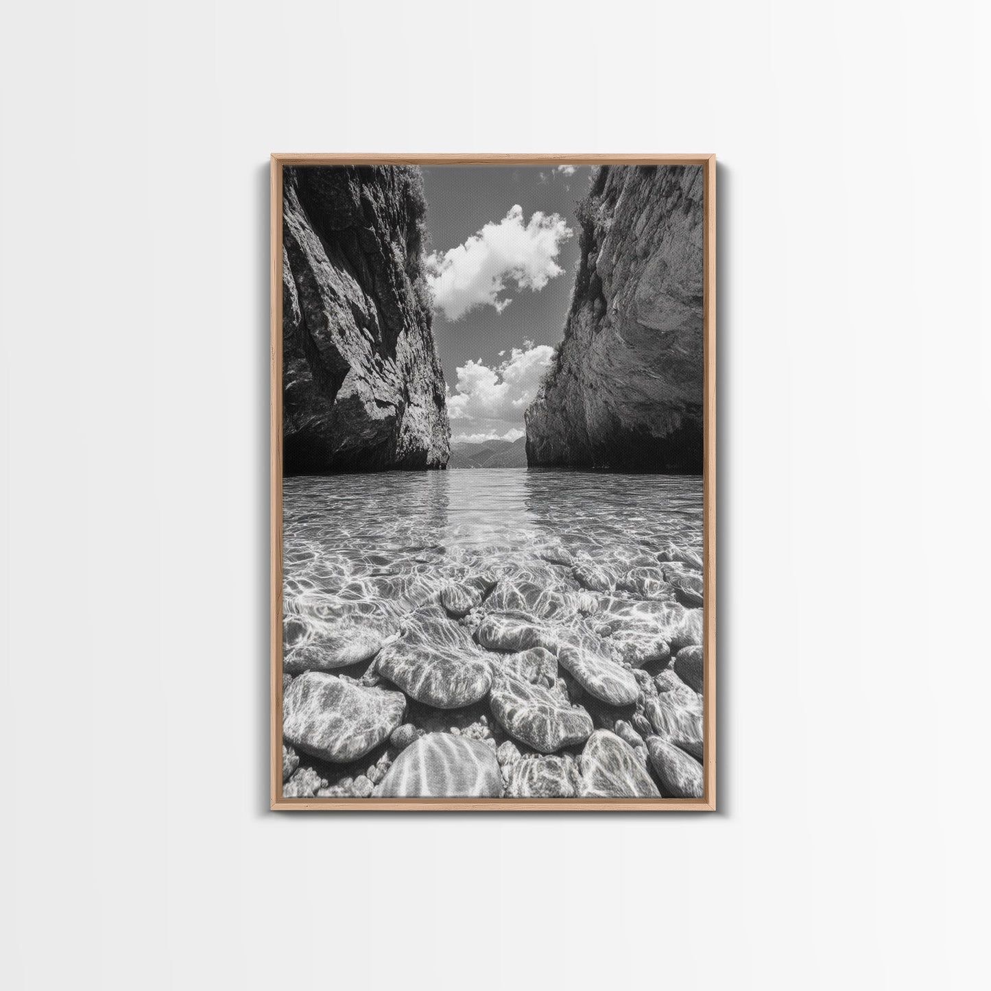 Clear Waterscape, Rocky Shoreline, Tropical Escape, Nature Photography, Framed Canvas Print, Beach House Coastal Wall Art