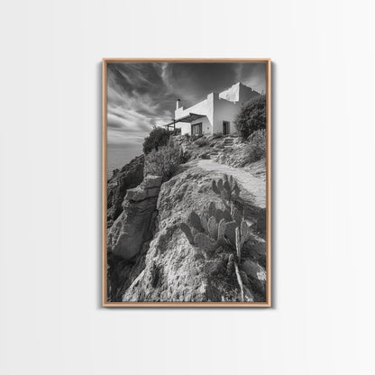 Cliffside Villa, Mediterranean Home, Desert Garden, Rustic Landscape Print, Framed Canvas Print, Modern Boho Living Room Art
