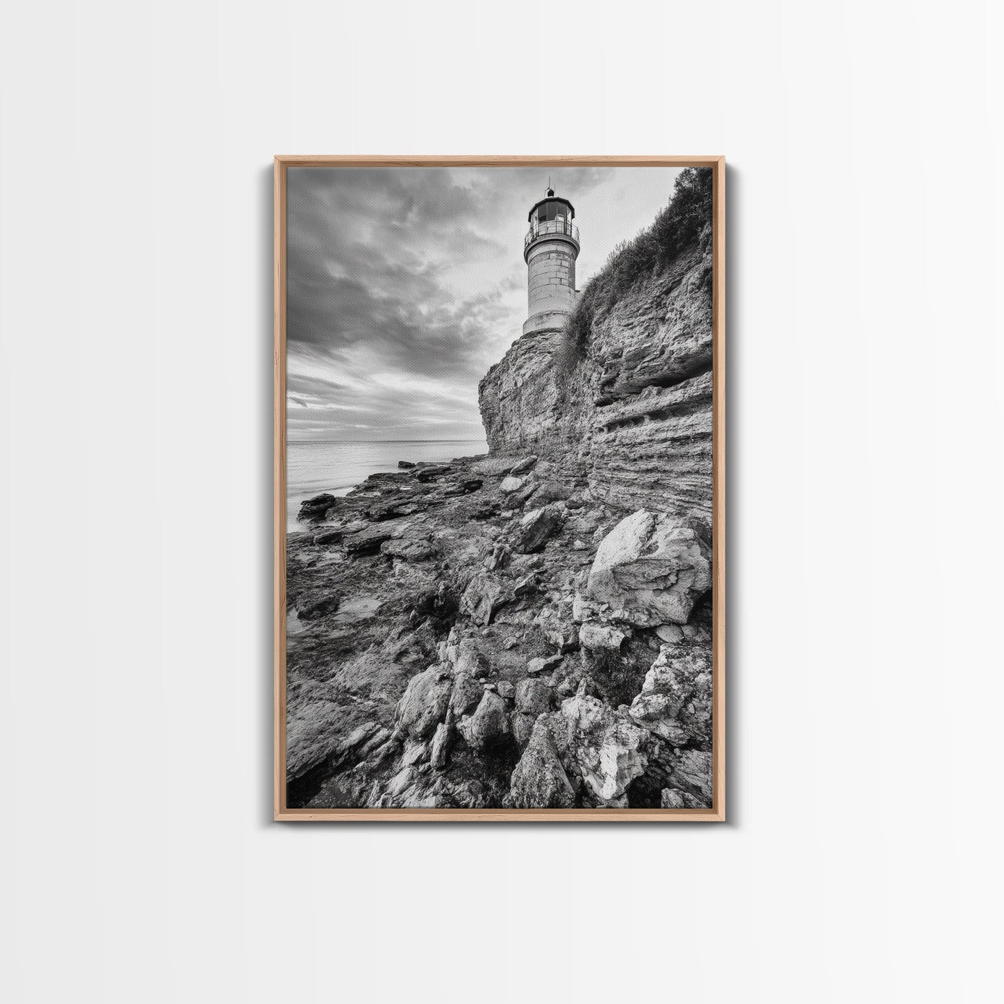 Lighthouse Beacon, Rocky Shoreline, Nautical Coastal Scene, Framed Canvas Print, Ocean View Art, Seaside Living Room Wall Decor