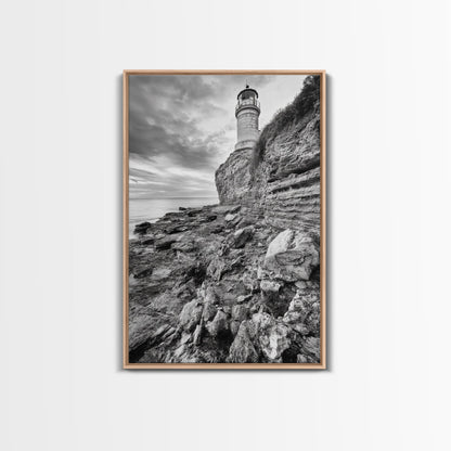 Lighthouse Beacon, Rocky Shoreline, Nautical Coastal Scene, Framed Canvas Print, Ocean View Art, Seaside Living Room Wall Decor