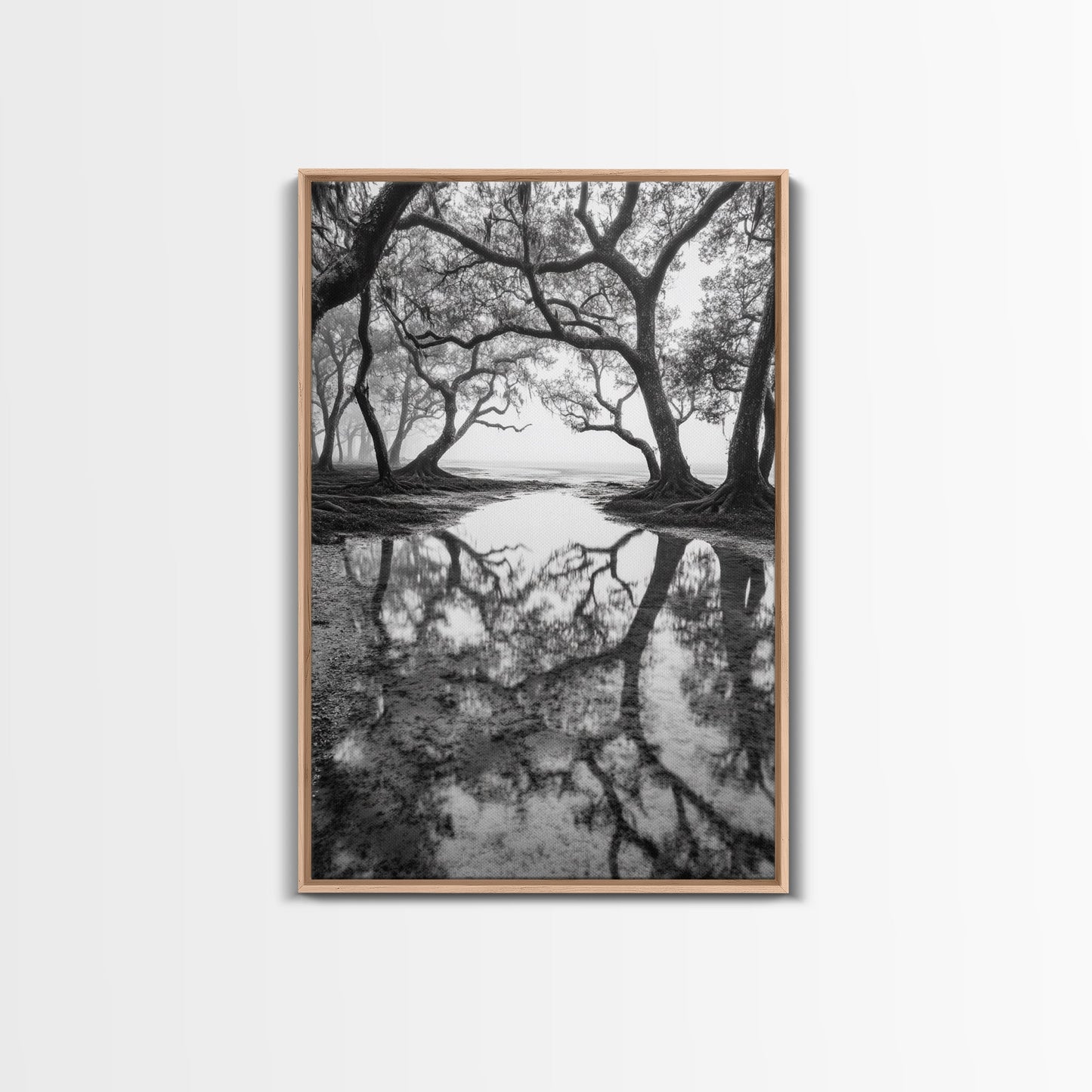 Misty Forest Trees, Reflection Photography, Nature Landscape, Canvas Print, Neutral Tones, Bedroom Wall Decor, Moody Autumn Forest Art