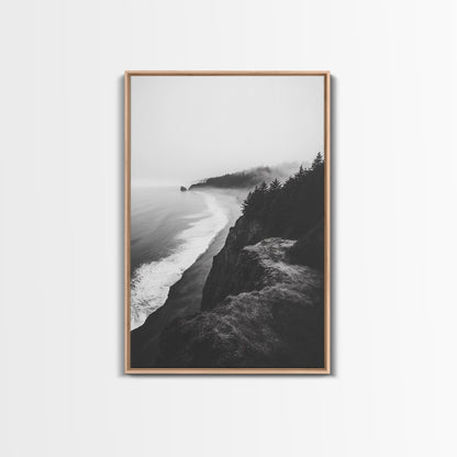 Misty Coastline, Pine Forest, Foggy Morning, Framed Canvas Print, Moody Nature Decor, Living Room Wall Art, Monochrome Style