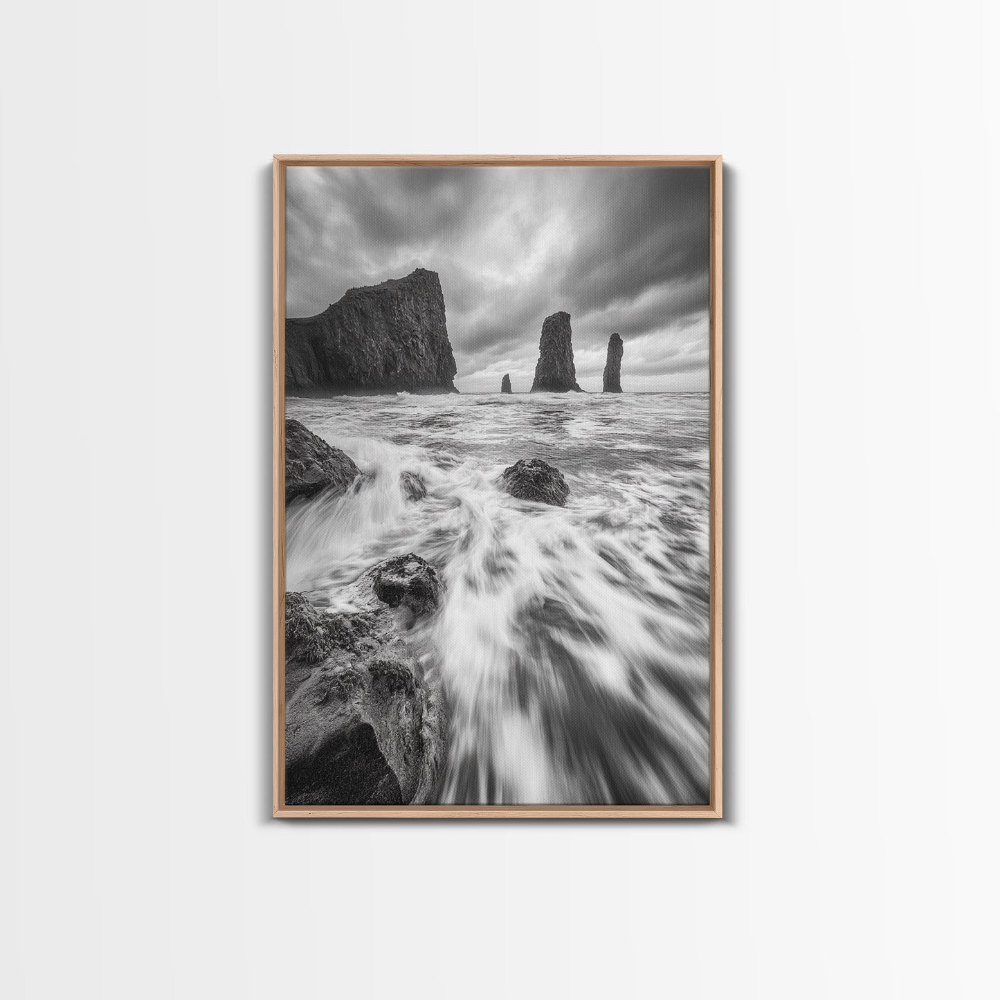 Sea Stacks Seascape, Ocean Art, Moody Coastline Print, Nature Photography, Framed Canvas Print, Living Room Wall Art, Black White Seaside