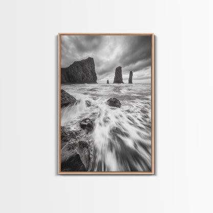 Sea Stacks Seascape, Ocean Art, Moody Coastline Print, Nature Photography, Framed Canvas Print, Living Room Wall Art, Black White Seaside