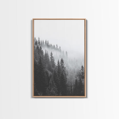 Misty Forest, Pine Trees, Foggy Morning, Canvas Print, Moody Nature Wall Art, Nordic Bedroom Decor, Monochrome Forest Landscape