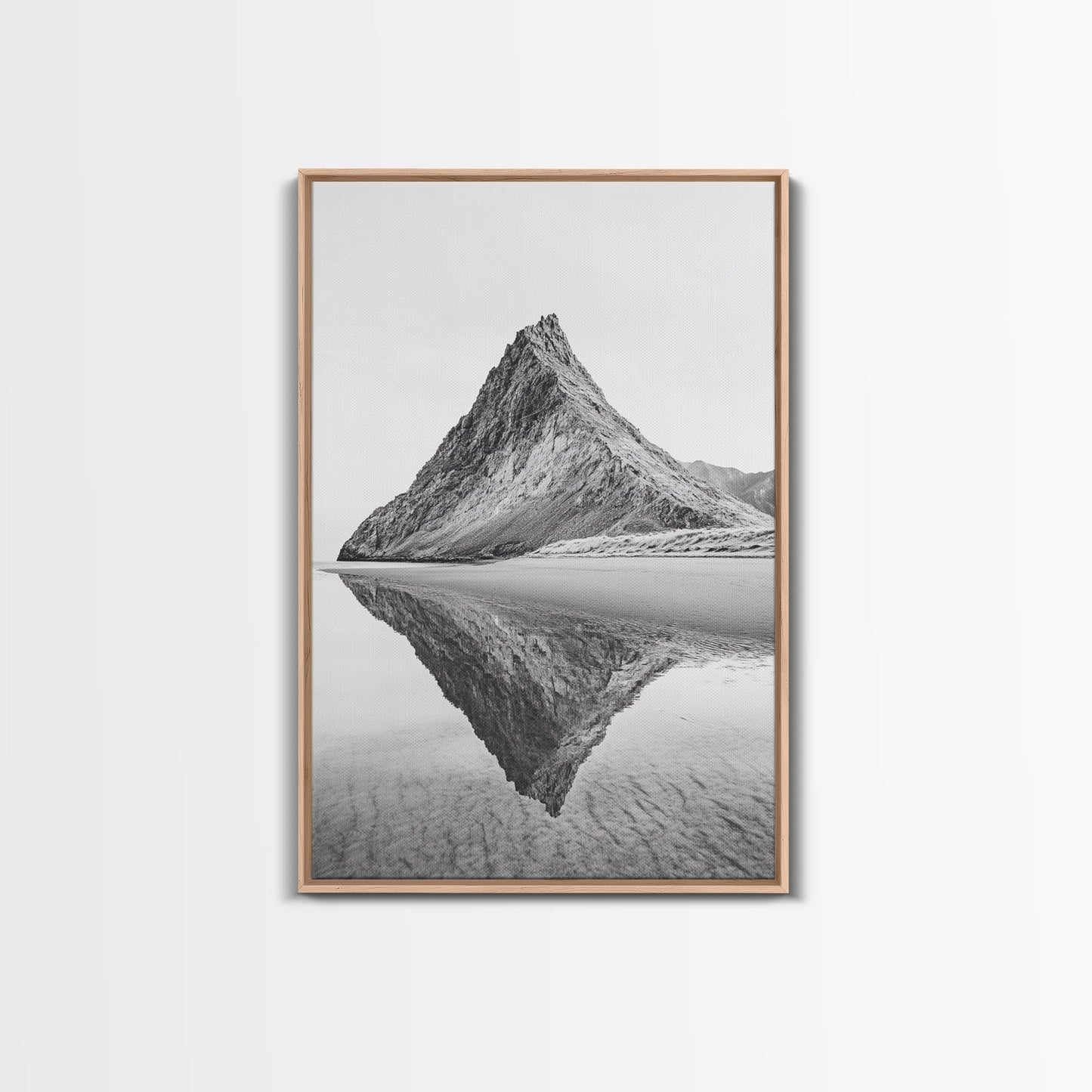 Mountain Mirror, Coastal Peak, Serene Beach, Canvas Print, Minimalist Landscape Art, Modern Living Room Wall Decor, Monochrome Nature Style