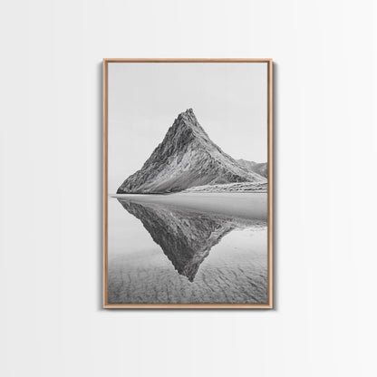 Mountain Mirror, Coastal Peak, Serene Beach, Canvas Print, Minimalist Landscape Art, Modern Living Room Wall Decor, Monochrome Nature Style