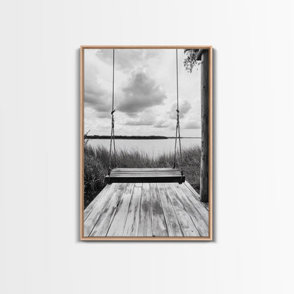 Lake Swing, Cloudy Sky, Calm View, Framed Canvas Print, Farmhouse Wall Art, Serene Kitchen Decor, Rustic Black and White Photography