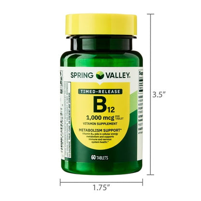 Vitamin B12 Supplement Timed-Release Tablets for Metabolism Support, 1000 mcg, 60 Count