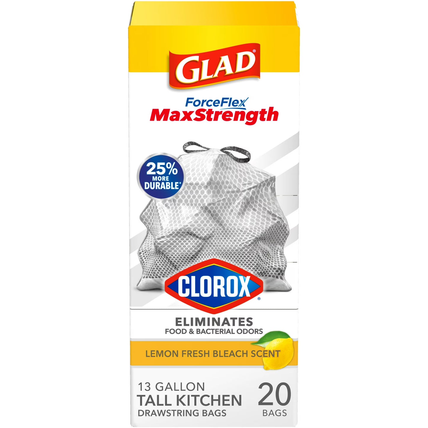 (2 Pack) Glad ForceFlex MaxStrength with Clorox 13 Gallon Kitchen Trash Bags, Lemon Fresh Bleach, 20 Bags