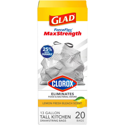 (2 Pack) Glad ForceFlex MaxStrength with Clorox 13 Gallon Kitchen Trash Bags, Lemon Fresh Bleach, 20 Bags