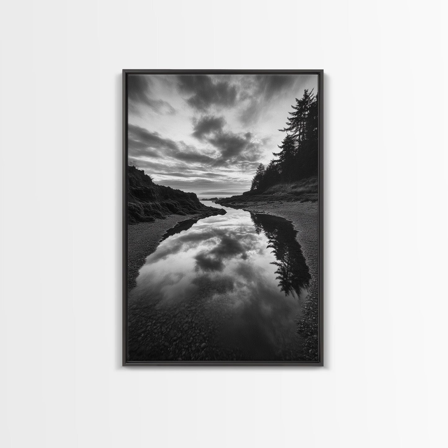 Reflective Tide Pool, Dramatic Sky, Forest Silhouette, Black and White Seascape, Framed Canvas Print, Living Room Wall Art, Nature Boho Style