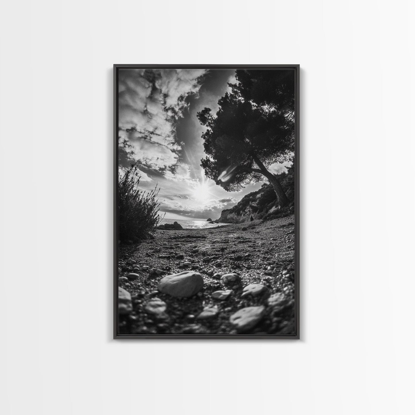 Sunset Beach View, Wide Angle Perspective, Nature Shoreline, Monochrome Landscape, Framed Canvas Print, Hallway Wall Art, Beach Decor