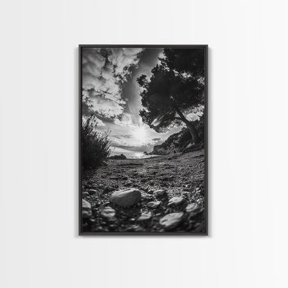 Sunset Beach View, Wide Angle Perspective, Nature Shoreline, Monochrome Landscape, Framed Canvas Print, Hallway Wall Art, Beach Decor