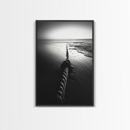 Ocean Rope Shore, Nautical Minimalism, Seaside Monochrome, Black and White Calm, Framed Canvas Print, Bedroom Wall Art, Coastal Decor