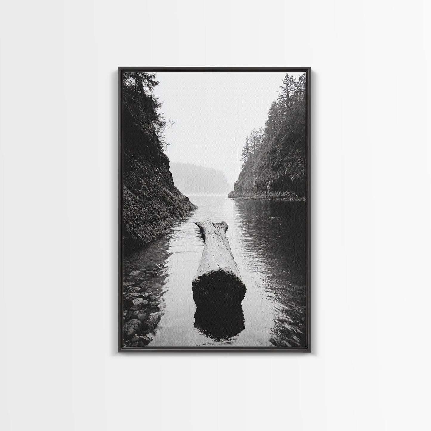 Driftwood Log, River Pass, Nature Silence, Misty Gorge, Framed Canvas Print, Office Wall Art, Modern Nature Decor, Moody Forest Style