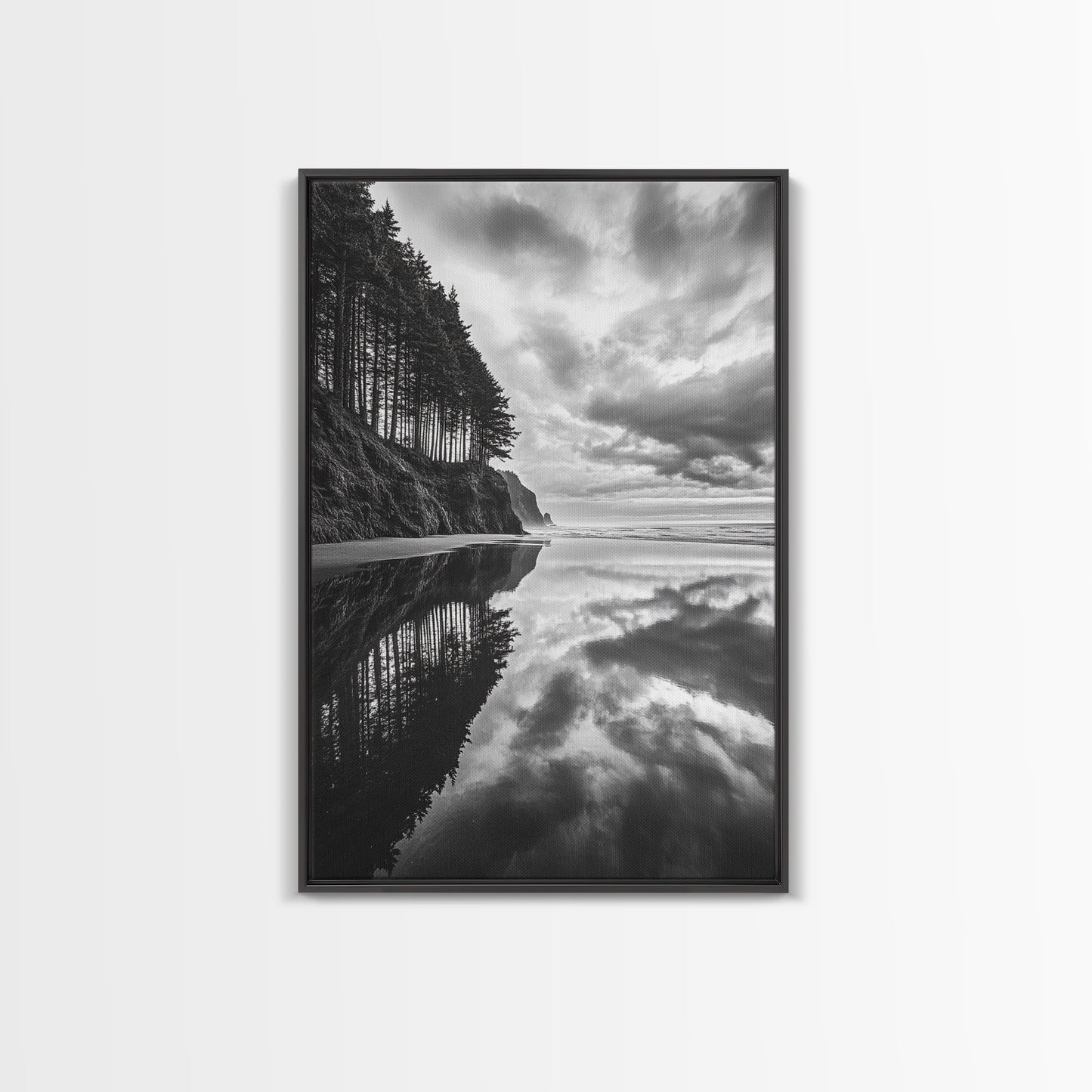 Ocean Cliff Reflection, Dramatic Coastline Art, Cloudy Sky Canvas, Framed Canvas Print, Living Room Wall Art, Moody Landscape Photography