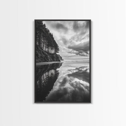Ocean Cliff Reflection, Dramatic Coastline Art, Cloudy Sky Canvas, Framed Canvas Print, Living Room Wall Art, Moody Landscape Photography