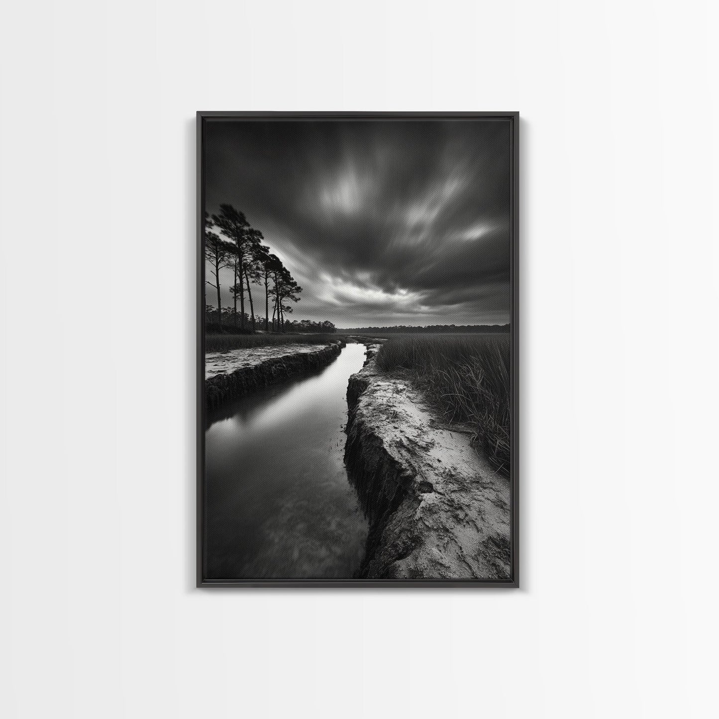 Misty Marsh Path, Moody Landscape, Nature Wall Decor, Living Room Art, Canvas Print, Black and White Photography, Autumn Wall Art