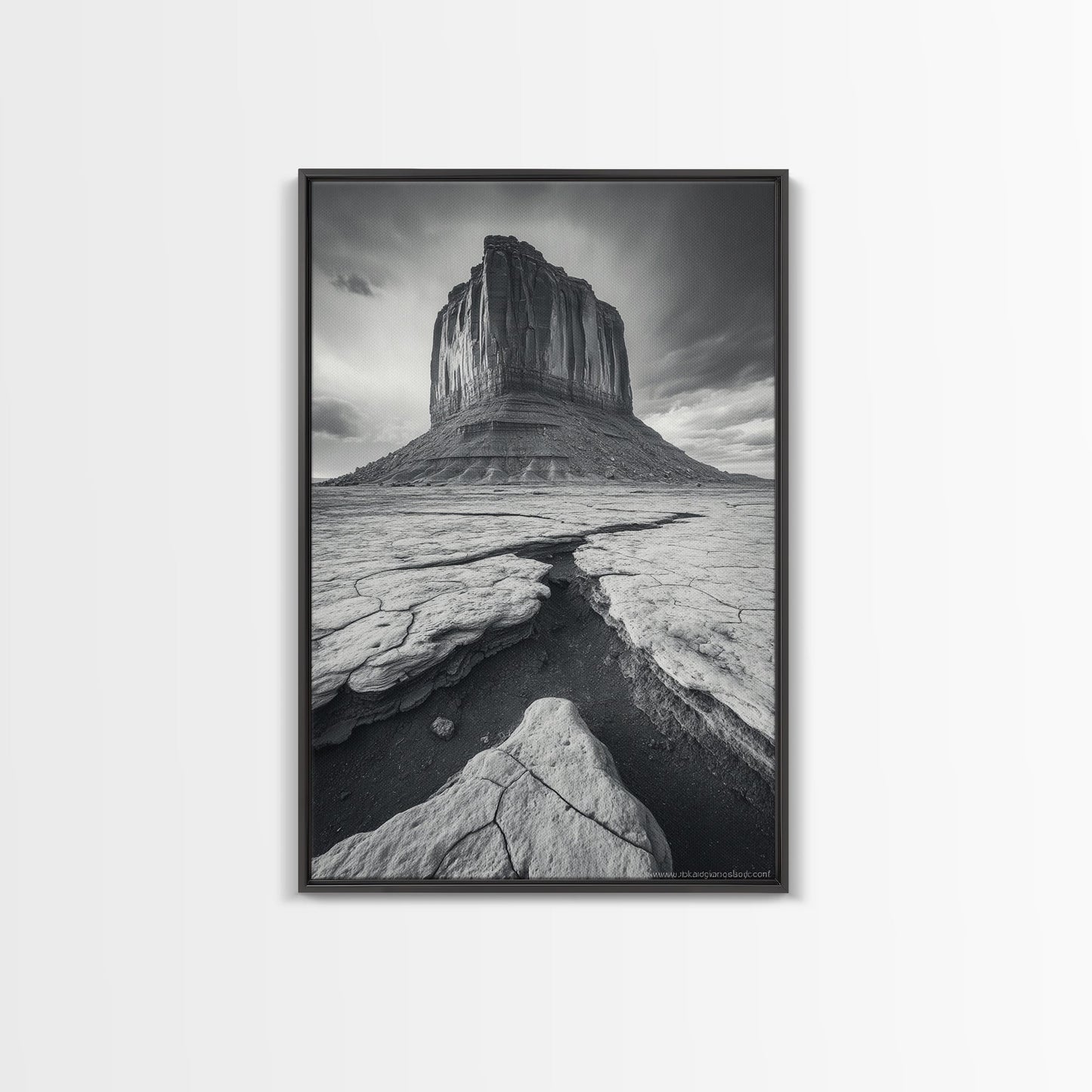 Monument Valley Cliff, Desert Rockscape, Framed Canvas Print, Western Wall Art, Office Decor, Black and White Photography