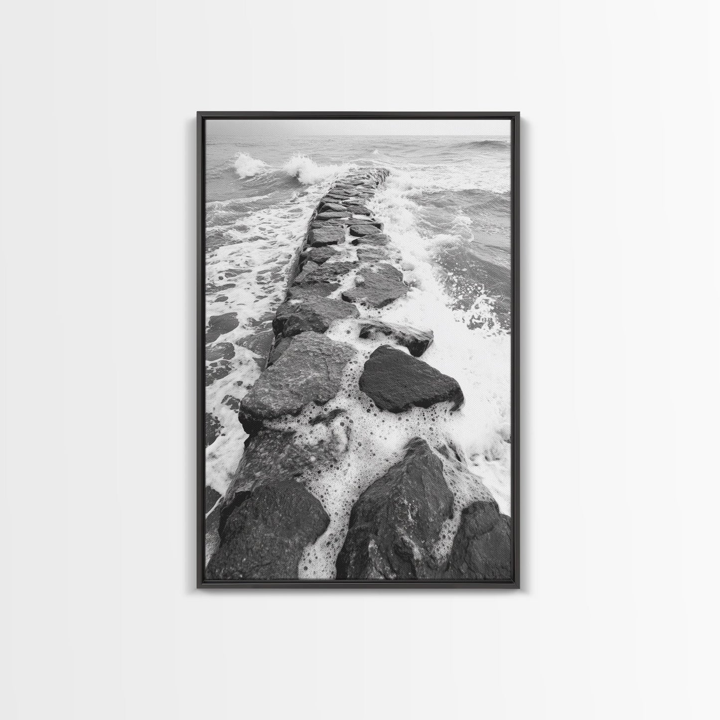 Rocky surf path, ocean jetty power, dramatic sea waves, black white beachscape, Canvas Print, bathroom wall art, nautical minimalist decor